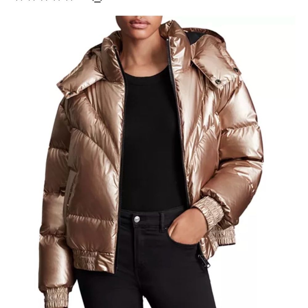 All Saints $800 rose-pink Mika metallic puffer